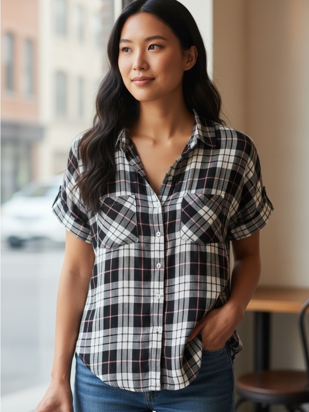 JACHS GIRLFRIEND  Black, White & Pink Plaid Button-Front Women's Shirt size L